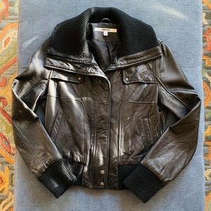 DKNY Black Lambskin Leather Bomber Jacket Size M